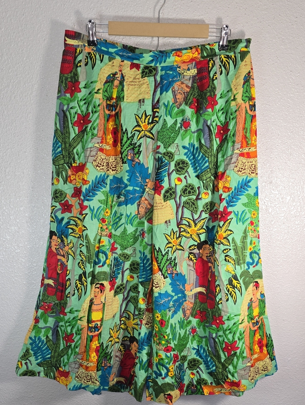 Frida Khalo Print Tropical Print Midi Wide Leg Pants in Mint Green